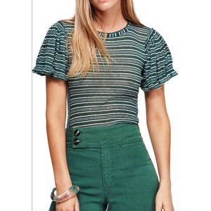 Free People Take One For The Team Green Shirt Top Striped Fitted XS Ruffle